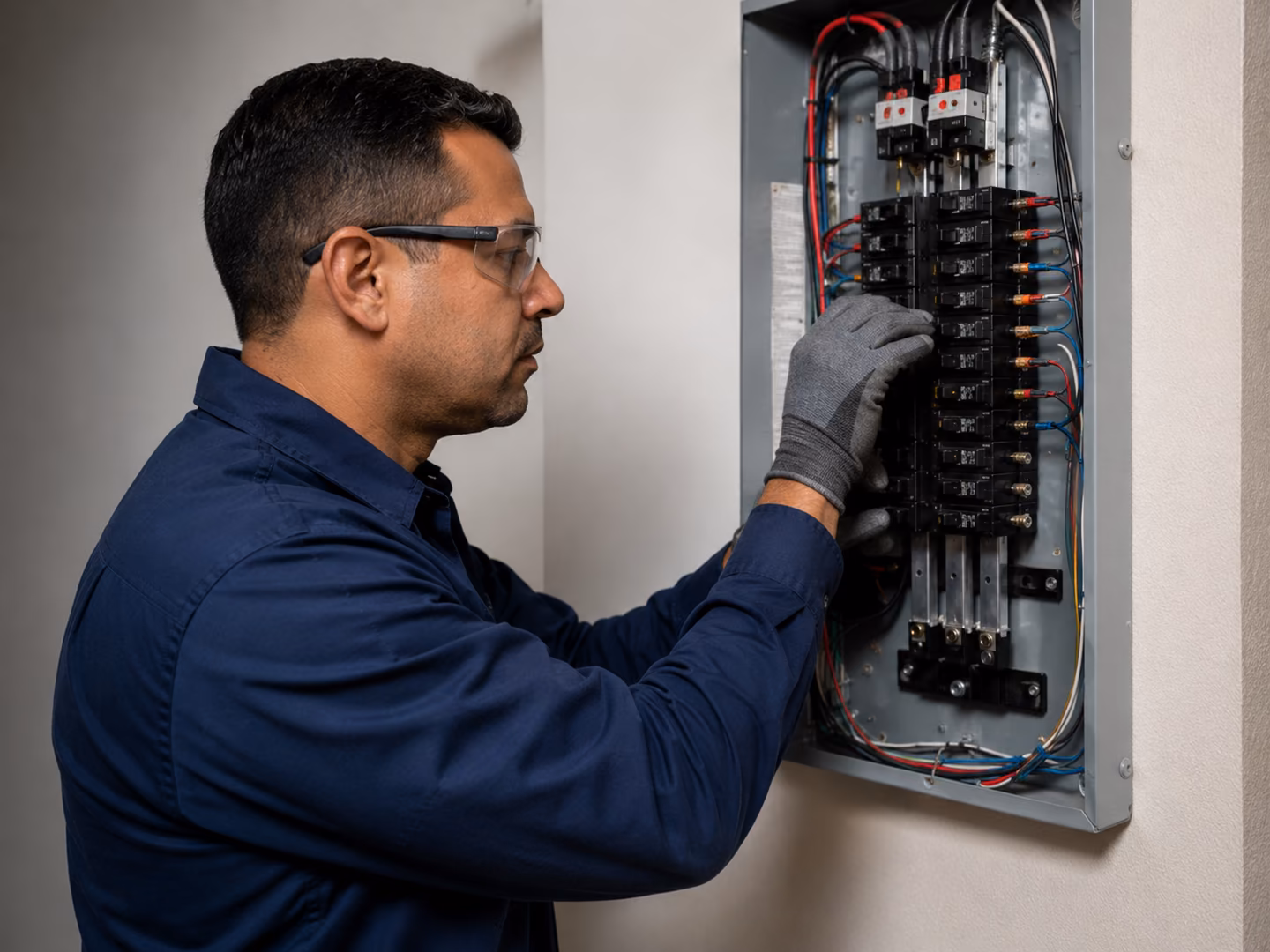 Eletricista no RJ realizando serviço em quadro elétrico